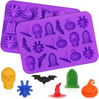 2 Pack Halloween Silicone Molds, Halloween Chocolate Molds, 3D Spider Skull Pumpkin Bat Mold for DIY Gummies Jello Ice Cube Jelly Chocolate Candy Cakes Decorations (Purple)