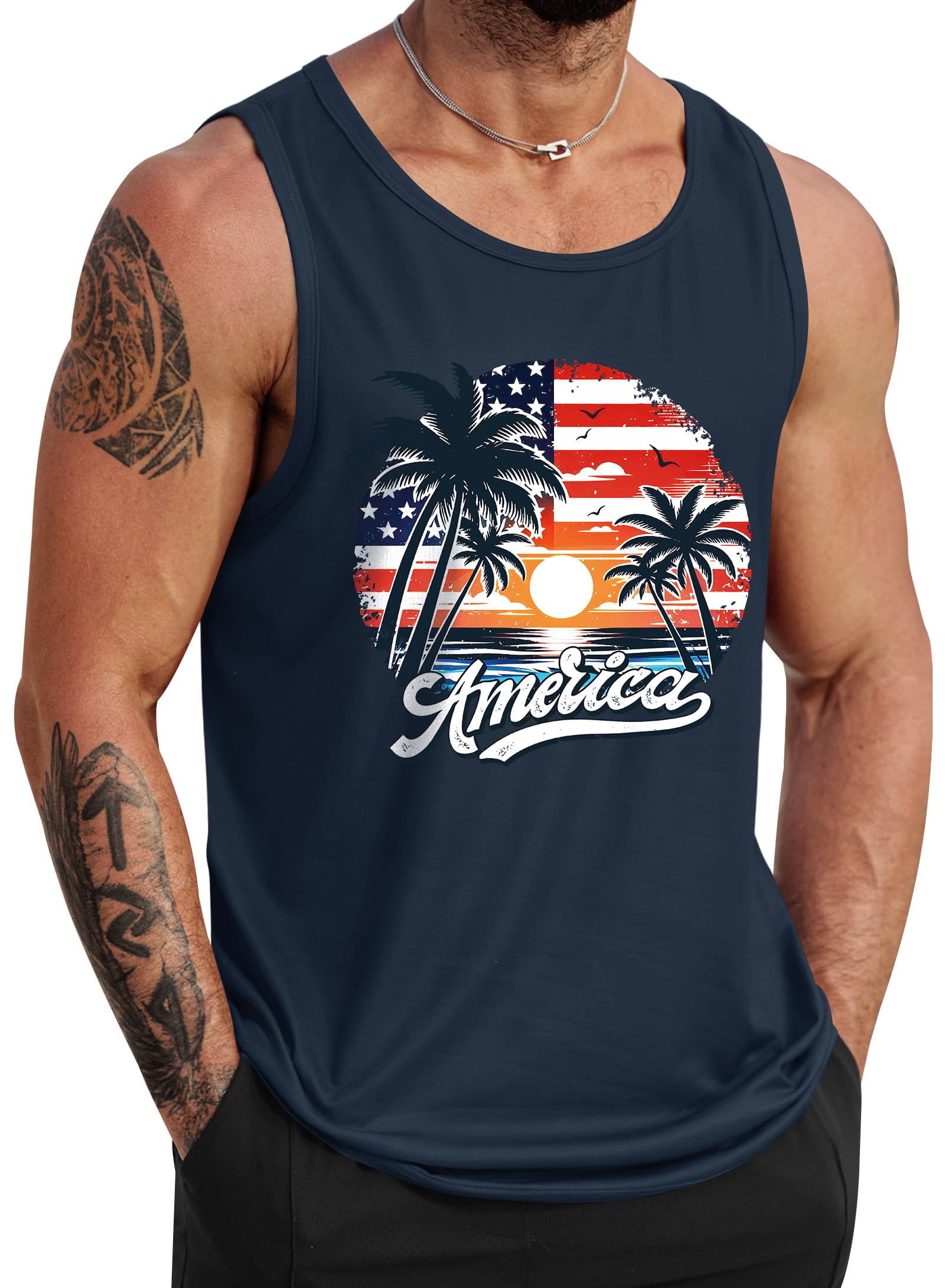 VOGSTART Mens Beach Tank Tops Summer Vacation Graphic Sleeveless Shirts