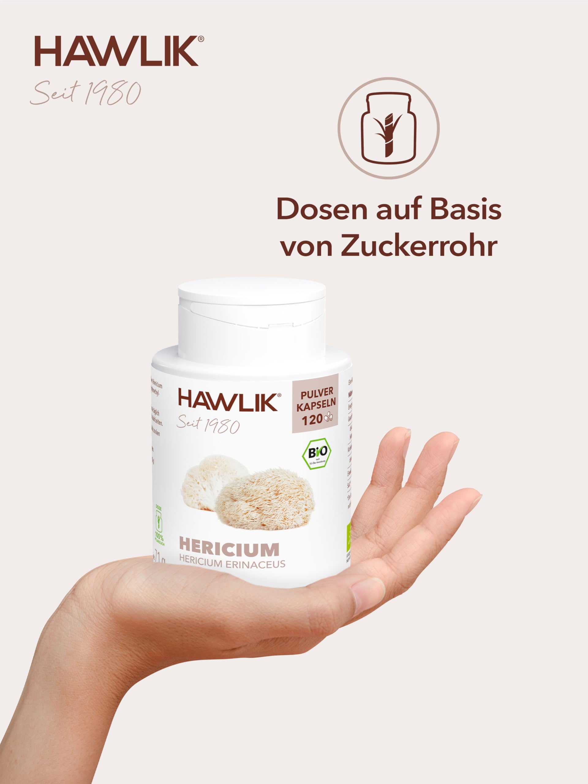 HAWLIK Vitalpilze Bio Hericium Pulver Kapseln - 120 Kapseln - 500 mg Bio-Vitalpilz Pulver - Magenfreundlich - Natürlicher Anbau - Vegan - Zuckerrohr-Dose