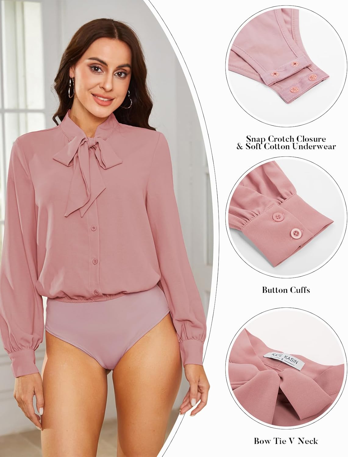 Kate Kasin Women Bow Tie Neck Office Blouse Button Down Long Sleeve Bodysuits Blouse Top - Image 5