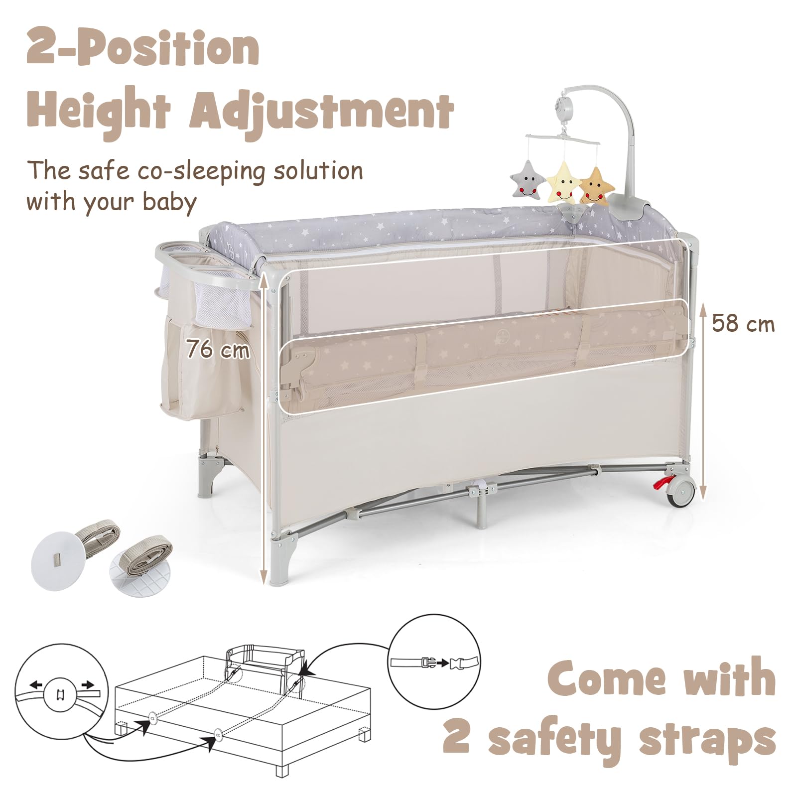LIFEZEAL Lettino da Campeggio, Lettino per Bambini 0-3 Anni, Culla da Viaggio, Box, Co-sleeping, con Materasso, Fasciatoio, Giostrina, Ruote, Borsa, Pieghevole, Portatile, 125x65x119 cm (beige)