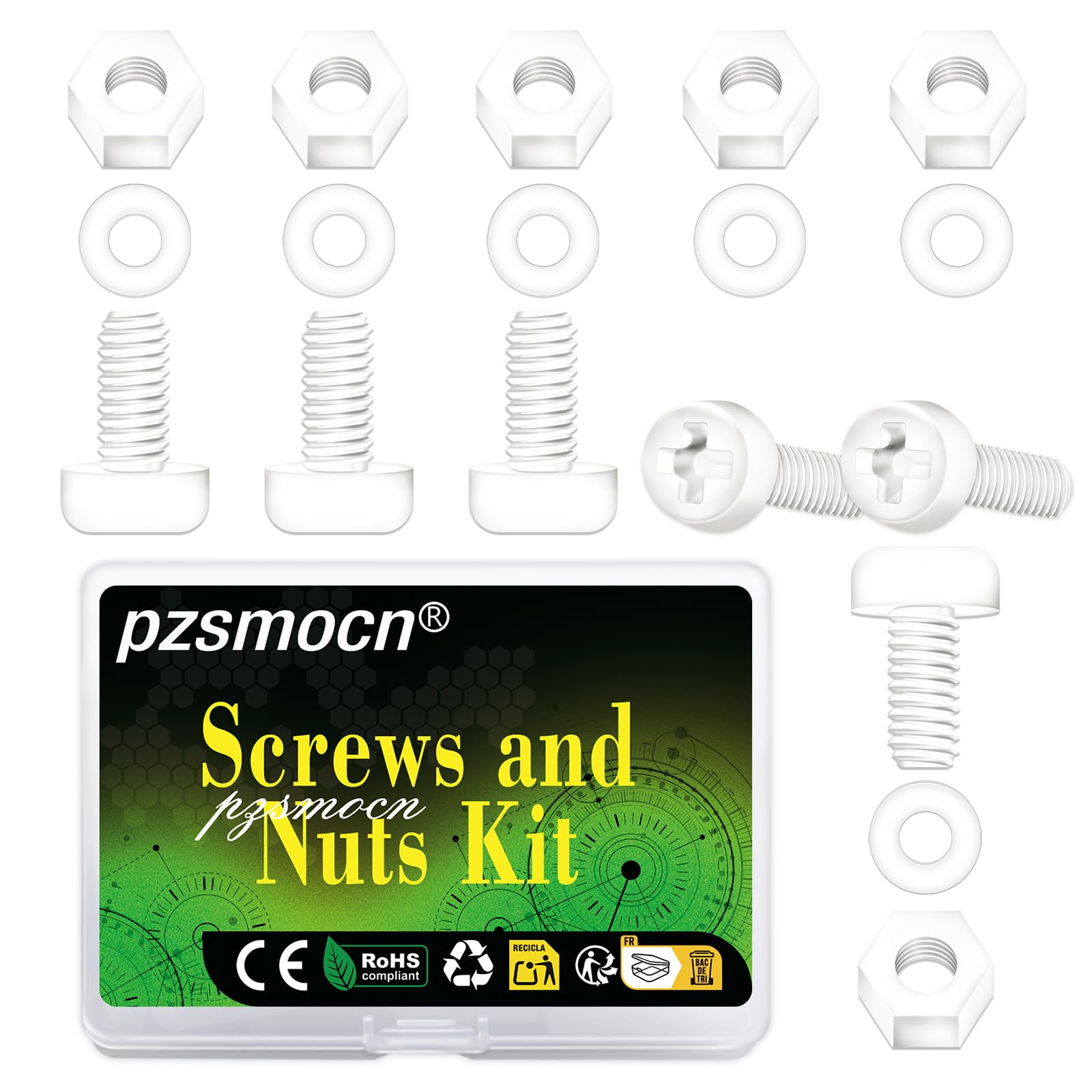 Pzsmocn 300 Pieces/100 Sets M3*12 mm Plastic White Nylon Cross Round Head Screw Hexagonal Nut Combination Kit, with Insulating Washers, Standard Size, For DIY and Electronic Assembly. — image 1