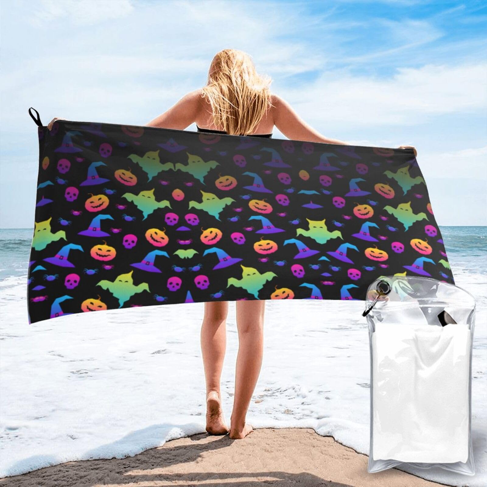 VCzsdff Rainbow Halloween Ghost Witch Hat Spiders Print Quick Dry Towel Compact Beach Shower Wrap For Camping Fitness