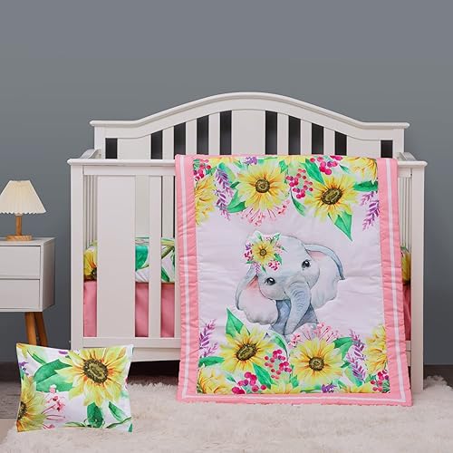 Juego de ropa de cama de cuna de elefante para niñas, 3 piezas, rosa, girasol, elefante, bebé, niña, juego de ropa de cama para cuna, sábana, funda