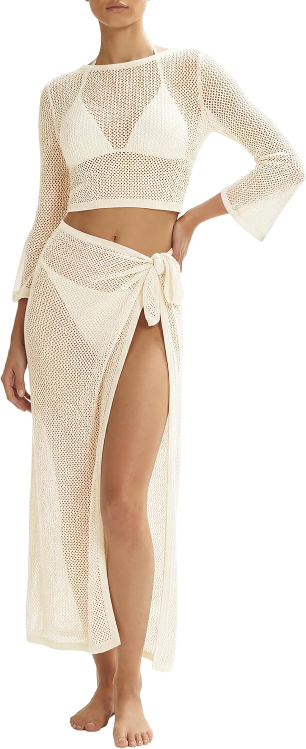 MANGOPOP 2 Piece Swimsuit Coverup for Women, Crochet Bathing Suit Cover Up Set for Beach Pool Vacation