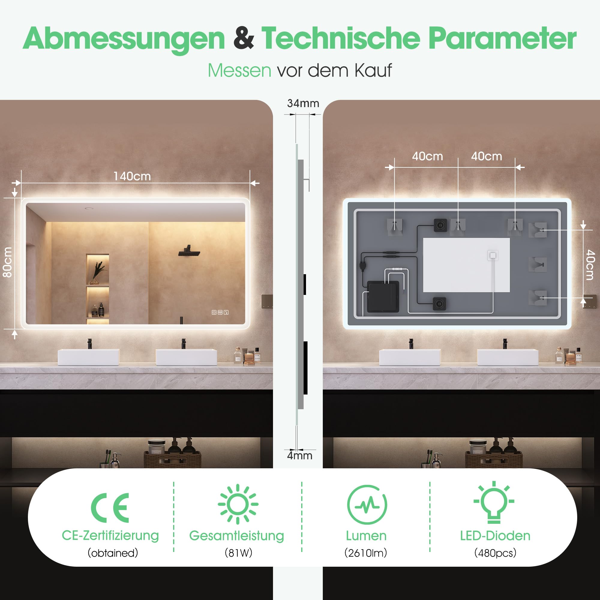 S'bagno Badspiegel-mit-Beleuchtung 140x80cm, Led-Badezimmerspiegel-mit-Licht, Bluetooth, Entfoggen, 3 Farben, Dimmbar, Speicherfunktion, Gehärtetes Glas, IP44 Wasserdicht, Horizontal/Vertikal