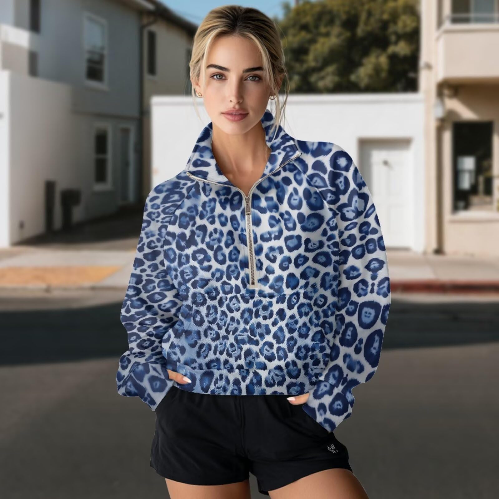 Poceacles Bluza z zamkiem do połowy przycięta bluza dla kobiet graficzny sweter z dziurką na kciuk długi rękaw bez kaptura top szyja sweter
