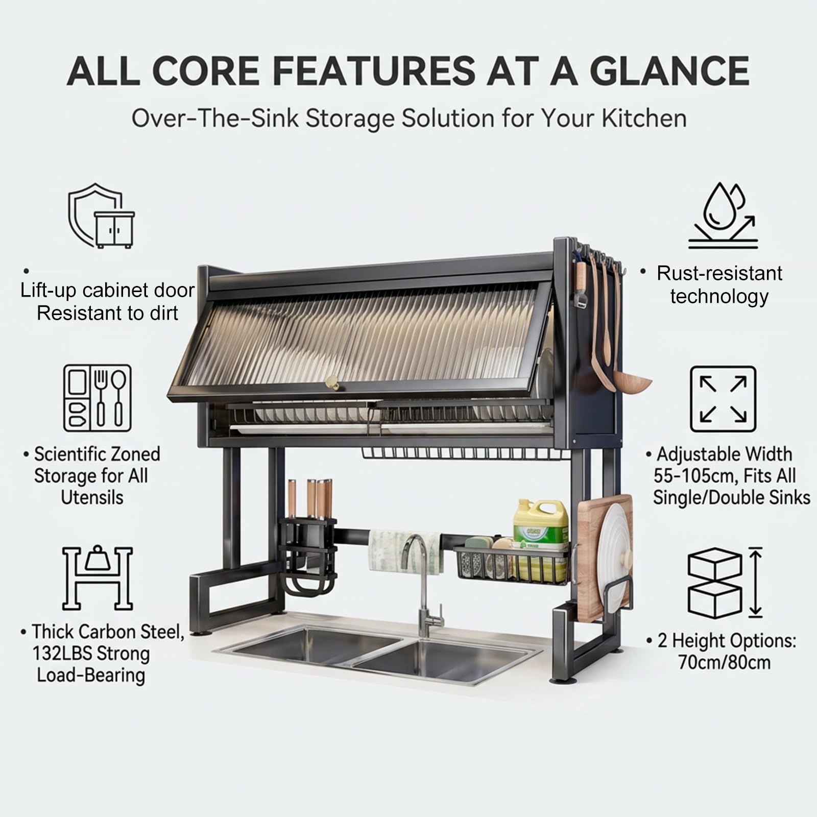 Escurridor de Platos Sobre el Fregadero,Escurreplatos Acero Inoxidable 2 Niveles con Puertas Abatibles Antipolvo,Ajustable en Ancho y Altura para Platos Vasos Ollas(105x30x81.5cm/41.3x11.8x32.1in)