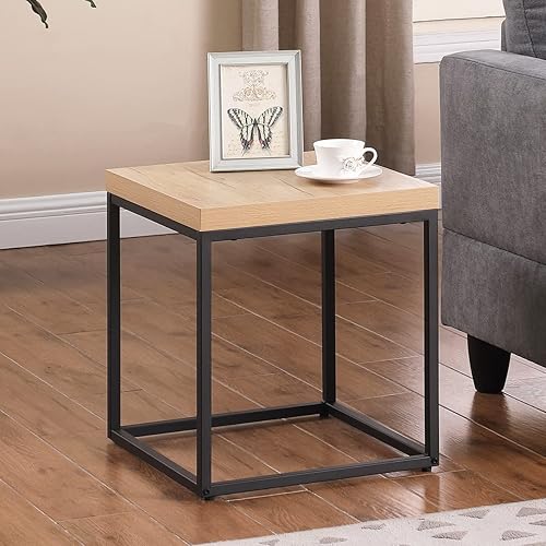 Miniatura 4 de CENSI Mesa auxiliarmesa auxiliar de roble natural, moderna mesa de noche cuadrada industrial de madera y metal (madera clara)