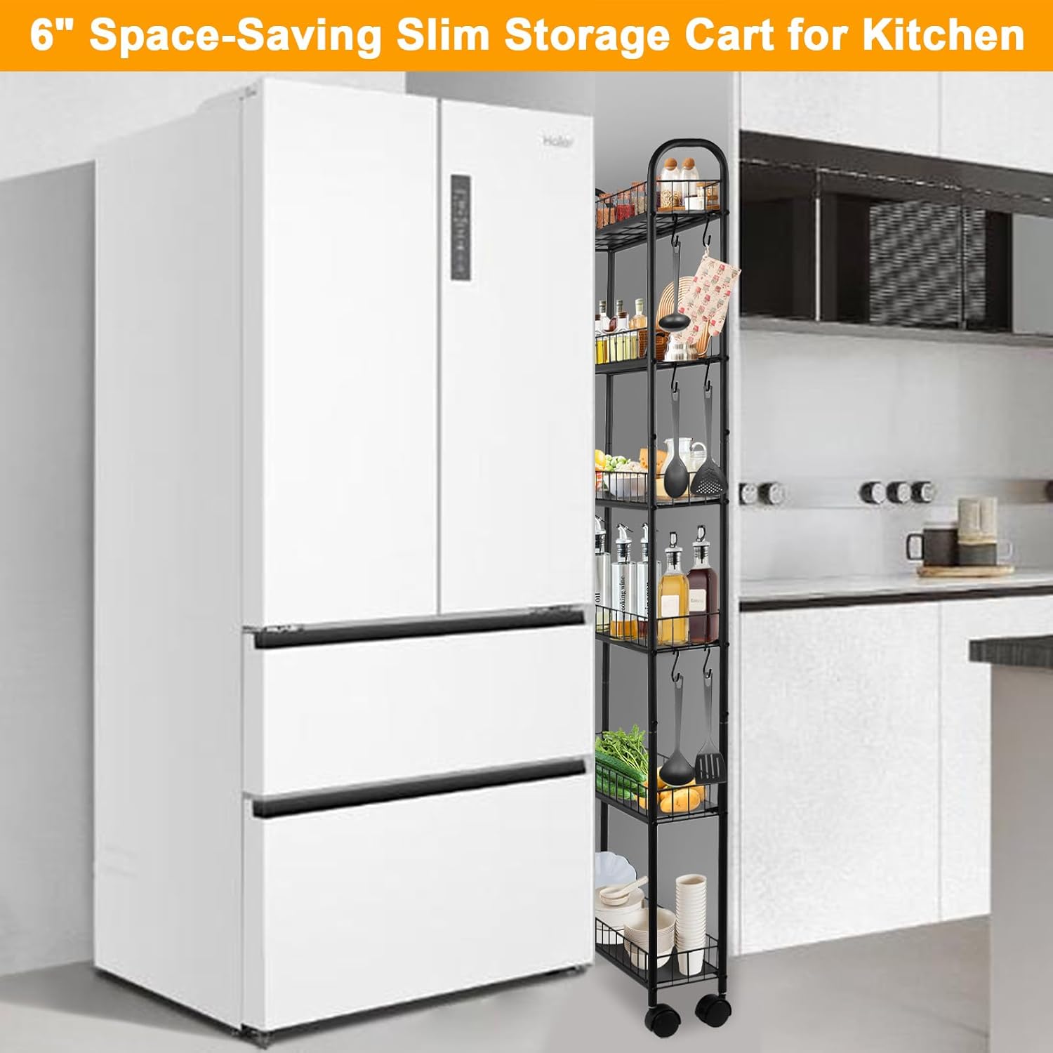 6-Tier Slim Rolling Storage Cart with Wheels 6 inch Storage Carts Metal Utility Organizer, Narrow Mobile Shelving Unit for Kitchen, Bathroom, Laundry, Office