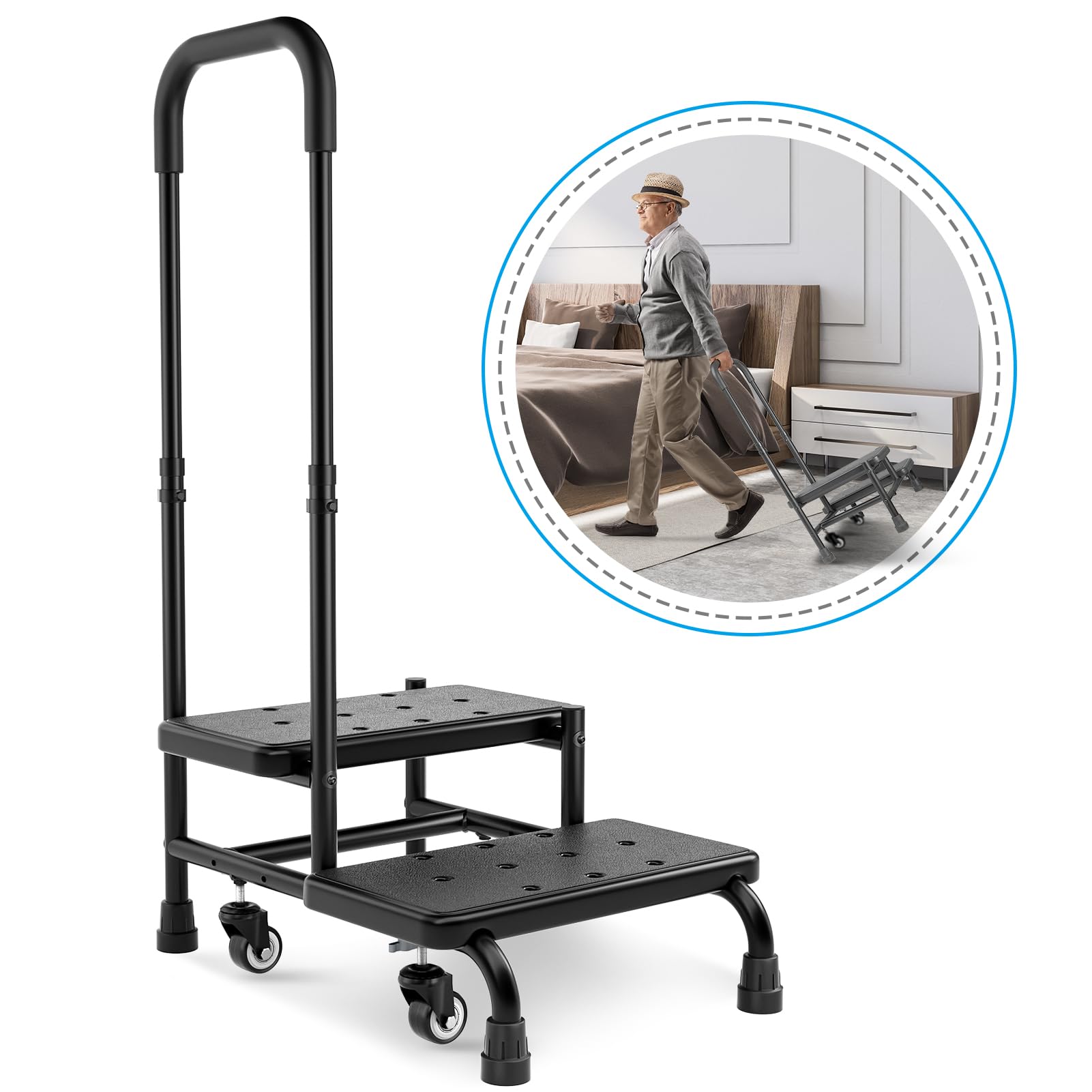 FORTEMOTUS Step Stool with Handle for Elderly with Wheel - Heavy Duty Bed Steps for High Beds for Adults with Adjustable Handle, Portable Foot Stool Ladder for Bedside, Kitchen, Car, RV, Bathtub