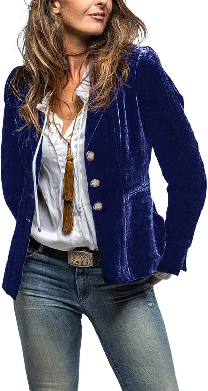 MINTLIMIT Womens Velvet Blazers Button Front Long Sleeve Jacket Coat Casual Blazer Suit Cardigan Formal Work Office,S,Royal Blue