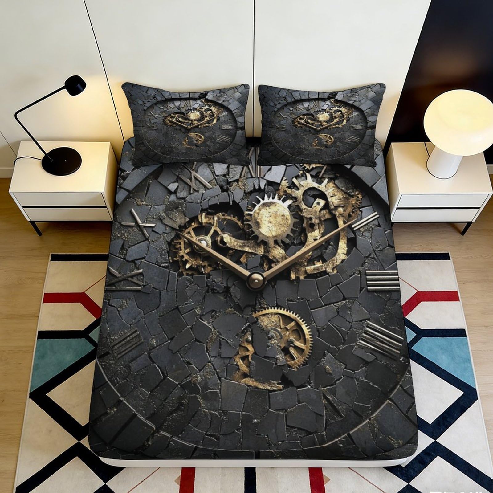 Pnayamiorkfel Style-9 3D Printed Steampunk Clockwork Fitted Sheet Microfiber Soft Black Gold Roman Gears Bed Cover Bedroom Decor 90X200x25cm
