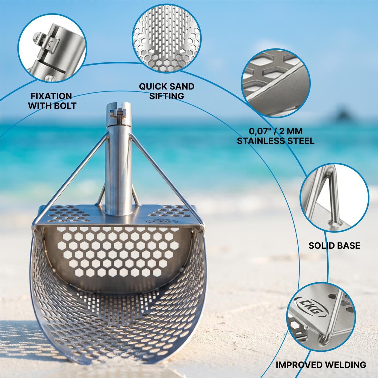 CKG Colador de arena para detector de metales profesional, pala para búsqueda de tesoros en la playa, compatible con detectores de metales, accesorios robustos para hallazgos precisos, Pro