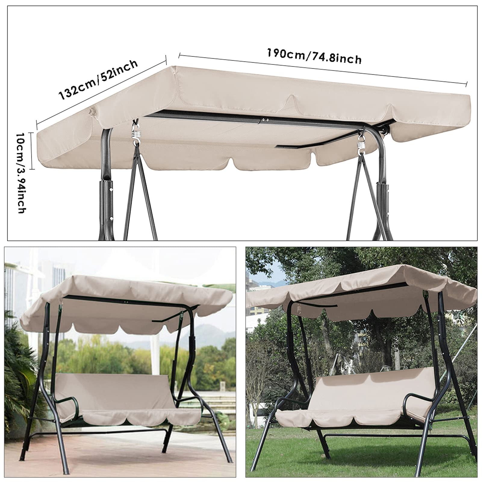 Toit de Remplacement de l'Auvent de Balançoire, Toit De Rechange pour Balancelle De Jardin Toile De Balancelle Jardin 210DImperméable Toit De Balancelle, 2/3 Places,Gris,195x125x15cm/77x49x6''