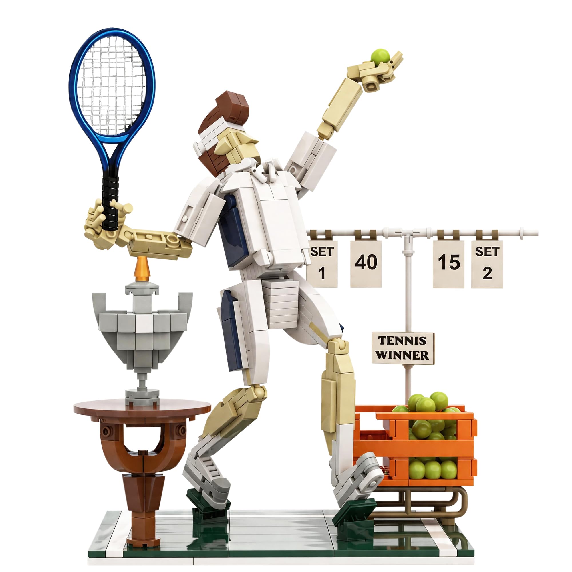LUXEBLOCKS Tennis Champion Building Set for Adults – 482Pcs Kit with Metal Racket, 30 Mini Balls, Trophy & Scoreboard Stickers – Poseable Figure on Grass Court Model, Collectible Sports Diorama
