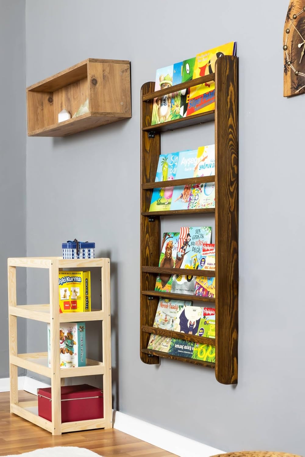 Real Wood Handmade Walnut Color Kids Wall Mounted Montessori Bookshelf for Nursery, Bedroom, Living Room (3 Tier, 36" Hx24 W)