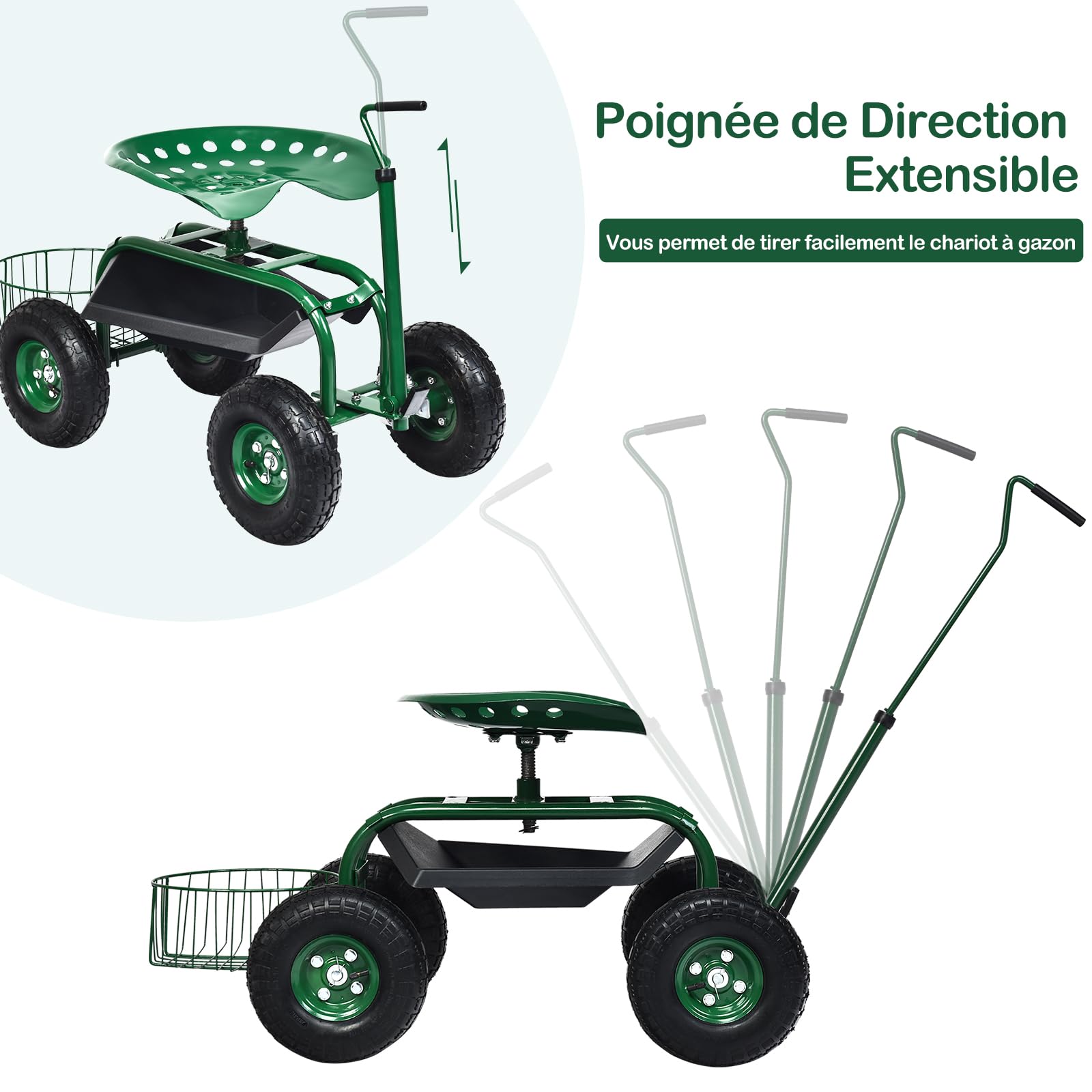 GOPLUS Siège de Jardin Roulant avec 2 Plateau à Outils, Poignée Directe, Panier de Rangement, Siège Réglable, 4 Roues en Caoutchouc, Tabouret de Jardin Roulant pour Jardinage, Vert