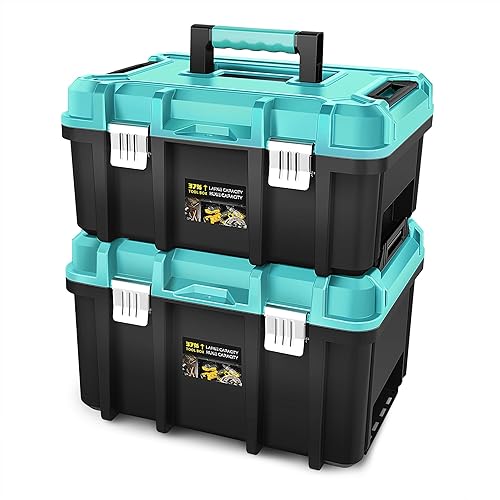 PM PERFORMOTOR 2pcs Tool Boxes Set - Lockable Organizer Storage Portable Toolbox with Removable Tray for Workshop Garage & Household, Large Capacity, Tiffany Blue, PM-TOL-BX2-TB