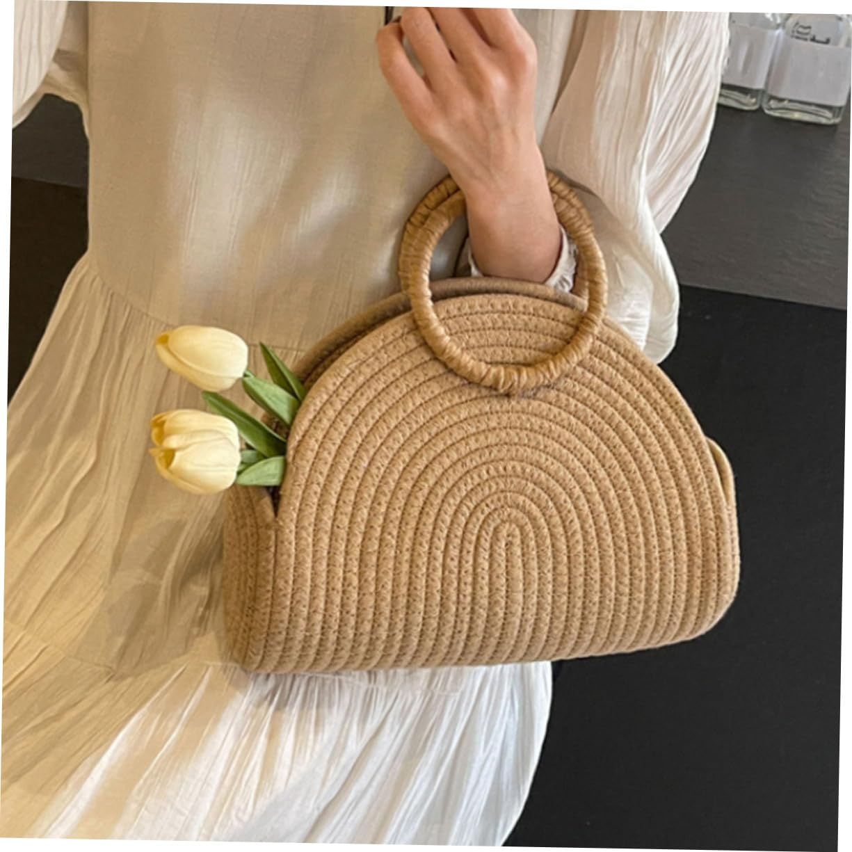 Abaodam Borsa in Corda di Cotone Intrecciata a Mano Texture Delicata, Capiente e Portatile, Stile Rustico per Picnic e Spiaggia Khaki