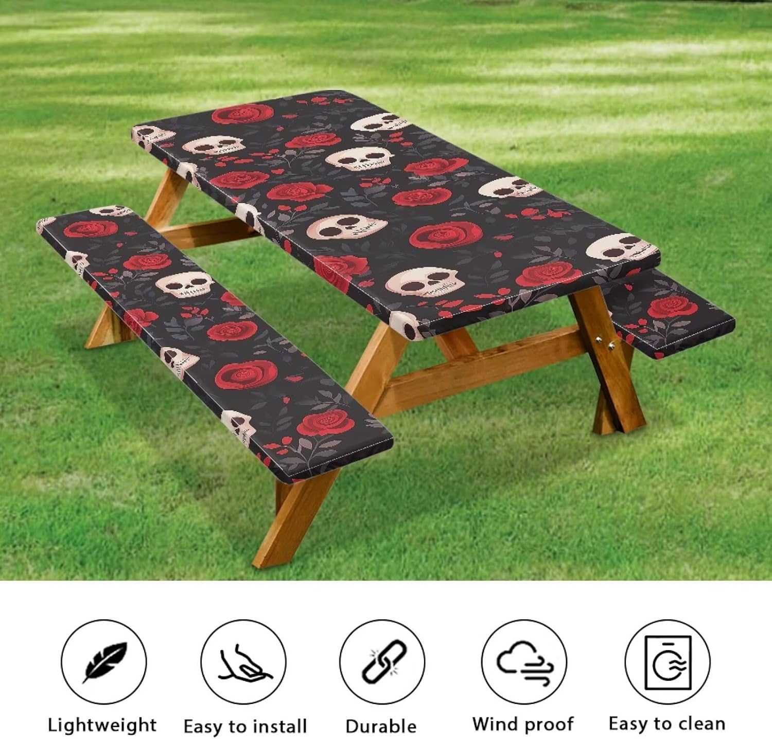 Skull Rose Picnic Table Cover Folding Tablecloth for Outdoor Waterproof Windproof Tablecloth for Rectangle Table Reusable Festival Outdoor Decor, 94 x 30 in