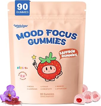 Kids Saffron Gummies Mood Focus Support with Magnesium Glycinate, L-Theanine for Calm & Sleep, PS, Lions Mane, Choline Brain Support for School Concentration & Attention, Sugar Free, 90 Ct
