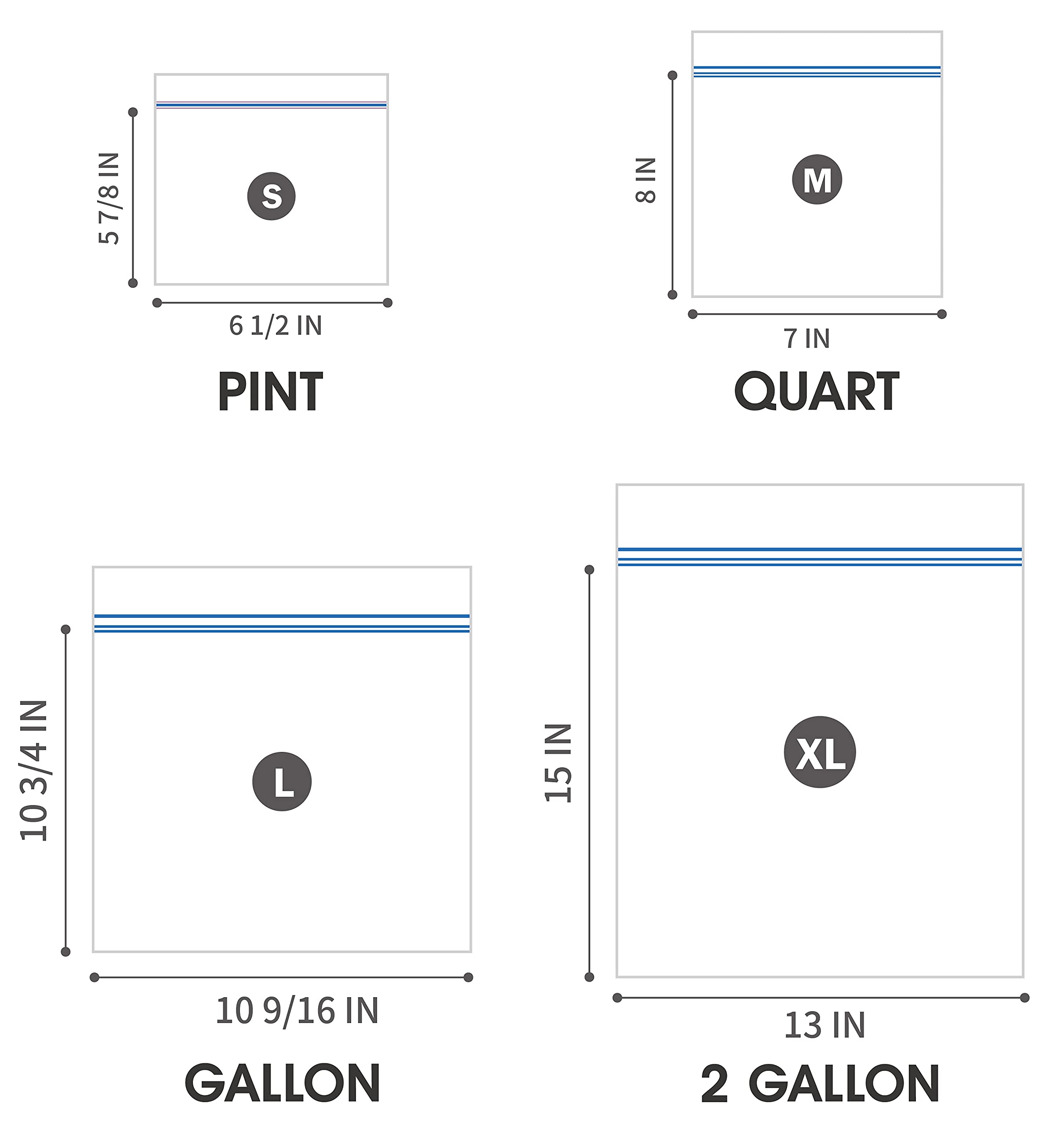 24/7 Bags- Variety Zip Storage Bags, 275 Count, 4 Sizes Including 2 Gallons, Easy Grip Open Tabs, Write-On Space, BPA-Free & Heavy Duty, Microwave Safe, Non-StandUp