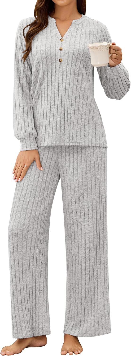Blooming Jelly Women 2 Piece Pajamas Sets Long Sleeve Casual Ribbed Lounge Set Fall Pj V Neck Loungewear Outfit
