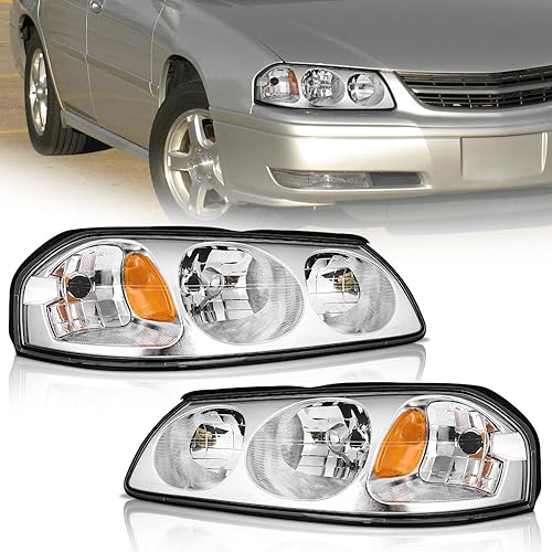 for 2000-2005 Chevy Impala Headlights Assembly,Headlamp Replacement with Chrome Housing Amber Reflector Left+Right Pair