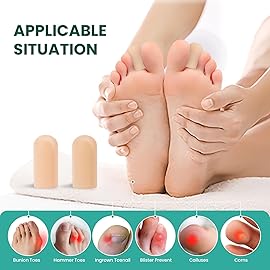 Welnove Gel Toe Cap and Protector - Silicone Toe Covers - Toe Cushions for Pain Relief, Missing or Ingrown Toenails, Corns, Calluses, Blisters (8 Medium, Beige)