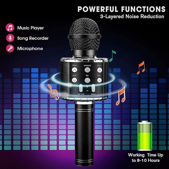 ShinePick Karaoke Kids Microphone, 5 in 1 Recording & Singing Microphone Toy for Children, Dancing LED Lights Portable Karaoke Speaker Machine Wireless Bluetooth for Phone/Pad/TV (Black)