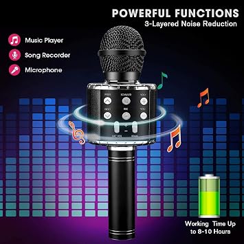 ShinePick Karaoke Kids Microphone, 5 in 1 Recording & Singing Microphone Toy for Children, Dancing LED Lights Portable Karaoke Speaker Machine Wireless Bluetooth for Phone/Pad/TV (Black)