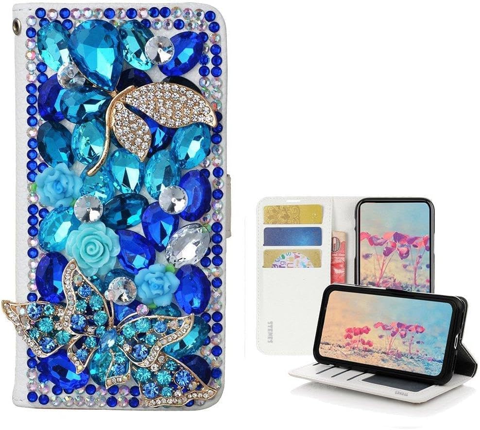 STENES Bling Case Compatible with Alcatel Verso/Alcatel CameoX/Alcatel IdealXCITE/Alcatel U50 - Stylish - 3D Handmade Crystal Butterfly Flowers Design Magnetic Wallet Flip Leather Cover - Blue