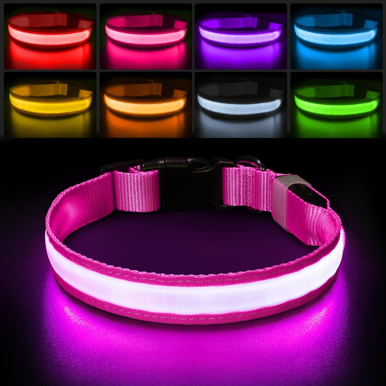 PcEoTllarLight up Dog Collar for Night Walking - LED Dog Collar Light Rechargeable Color Changing, Glow in The Dark Dog Collars Waterproof Glowing Dog Collars for Large Small Medium Dogs