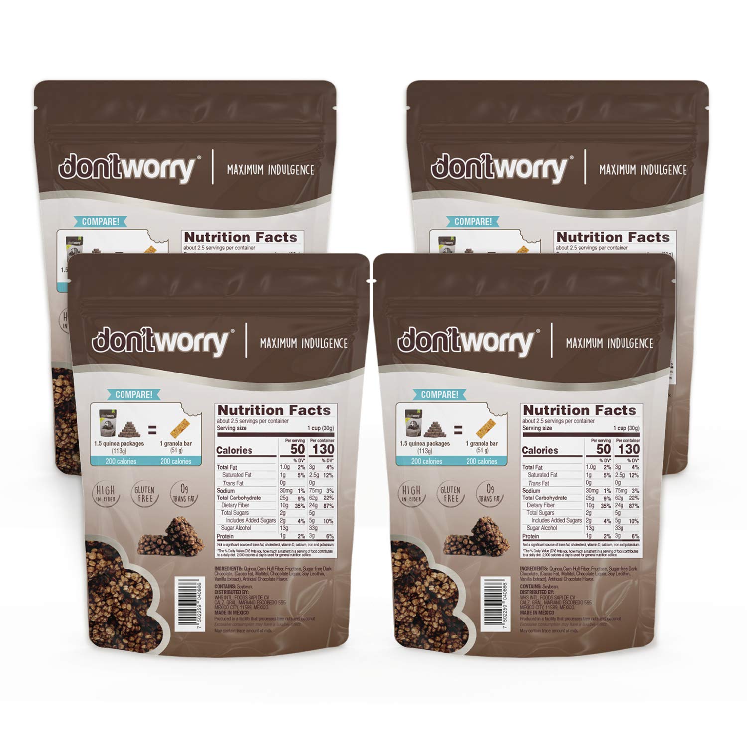 Don't Worry Chocolate Quinoa Bites - 4 Calories Perfect Keto Cookies, Healthy Snack Bars, Low Carb Low Calorie Snacks, Gluten Free High Protein Cookies - 4 Pack
