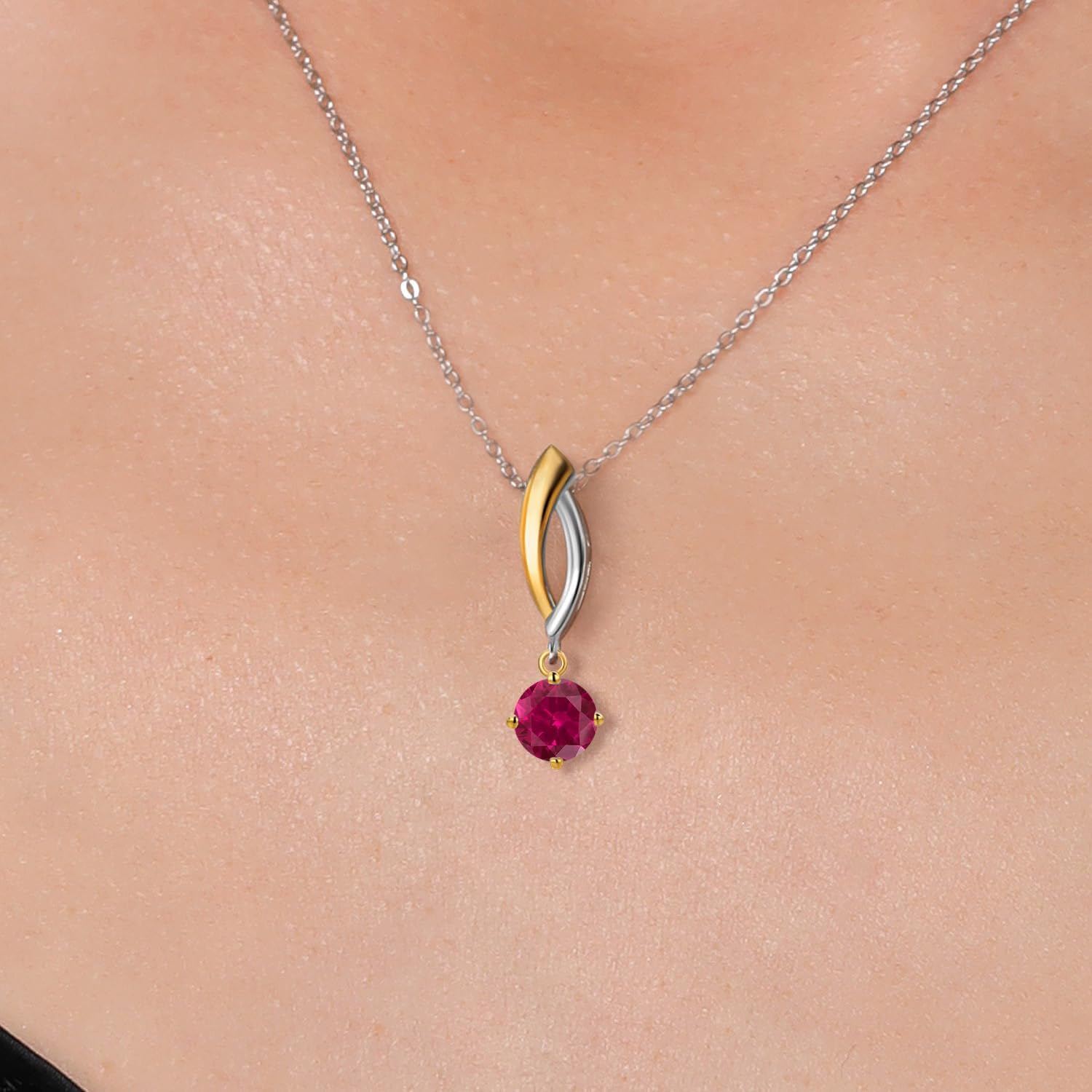Gem Stone King 925 Silver and 10K Yellow Gold Red Created Ruby Pendant Necklace for Women | 0.60 Cttw | Gemstone July Birthstone | Round 5MM | With 18 Inch Silver Chain - Image 3