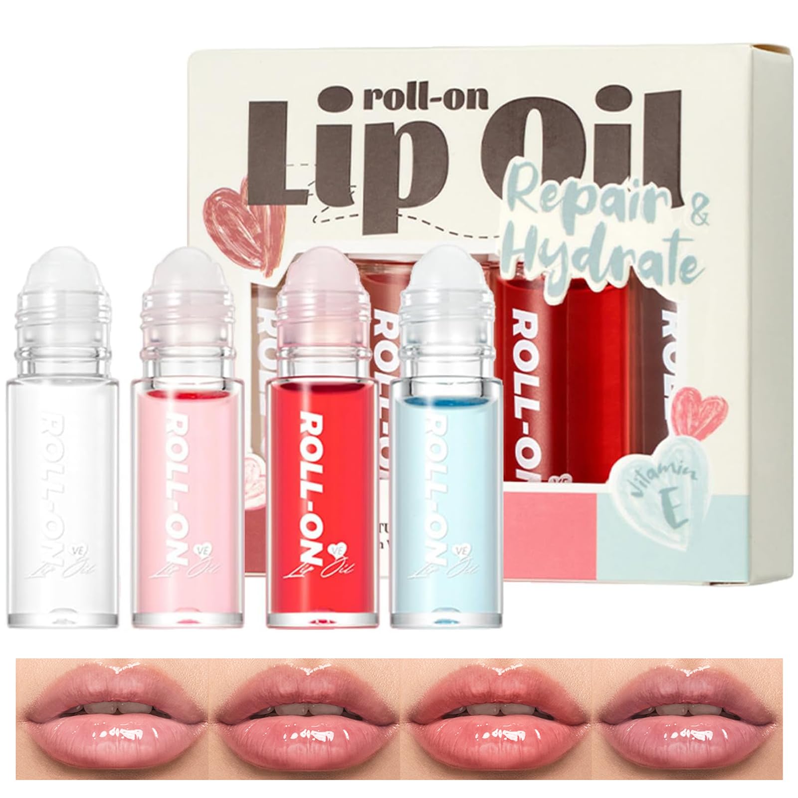 4 Pcs Hydrating Lip Gloss, Fruit Flavored Lip Oil Long Lasting Glow Balm Care, Roll On Lip Gloss Set, Transparent Plumping Lipgloss for Teens and Kids, Lipstick Moisturizing Lip Balm for Women & Girl