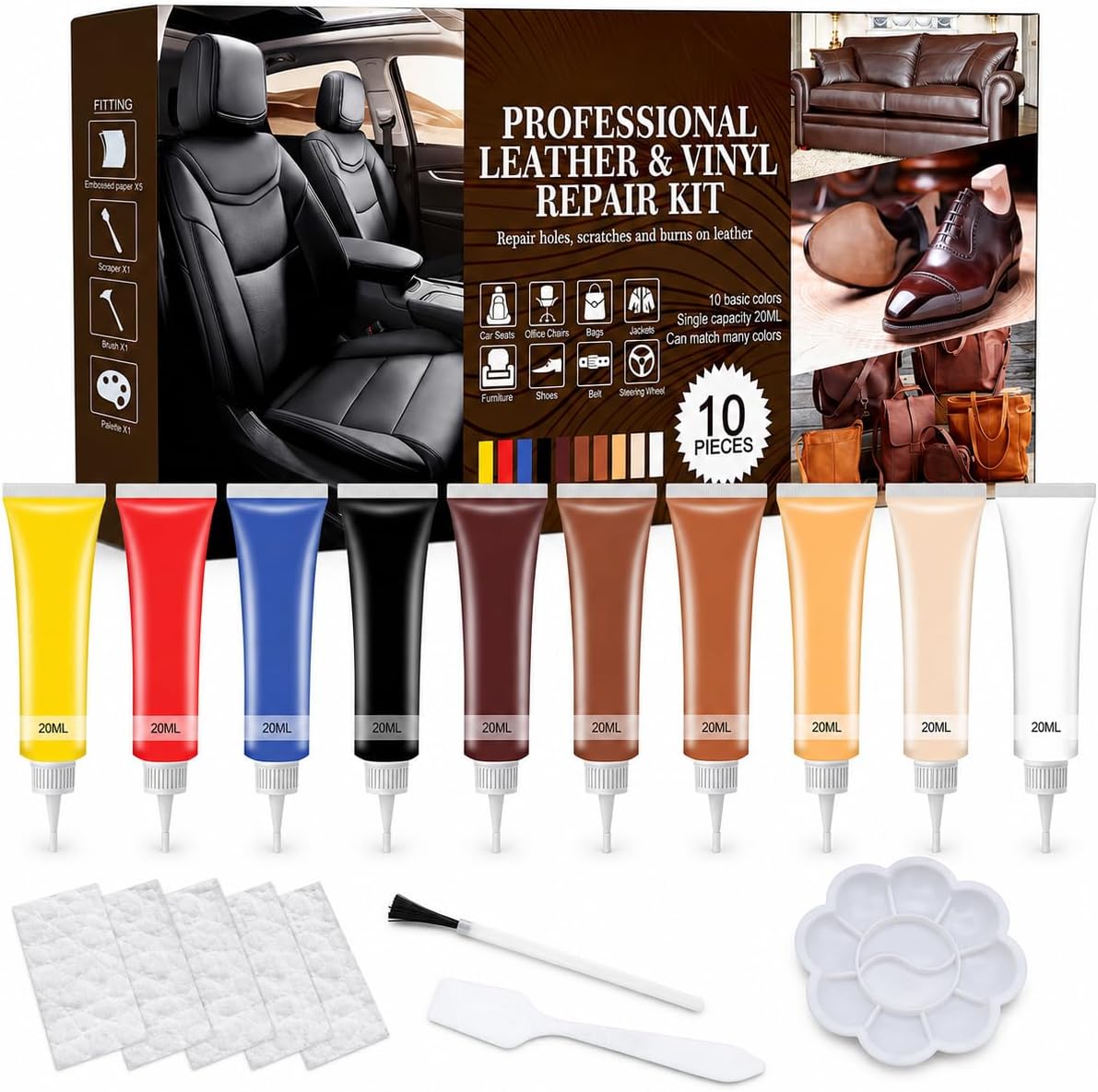 Leather & Vinyl Repair Kit, 10 Colors Leather Repair Compound, Professional Leather Repair Kit for Car Seats, Furniture, Shoes, Bags, Jackets, Couches, Scratches, Holes, Burns, Tears, with Tools