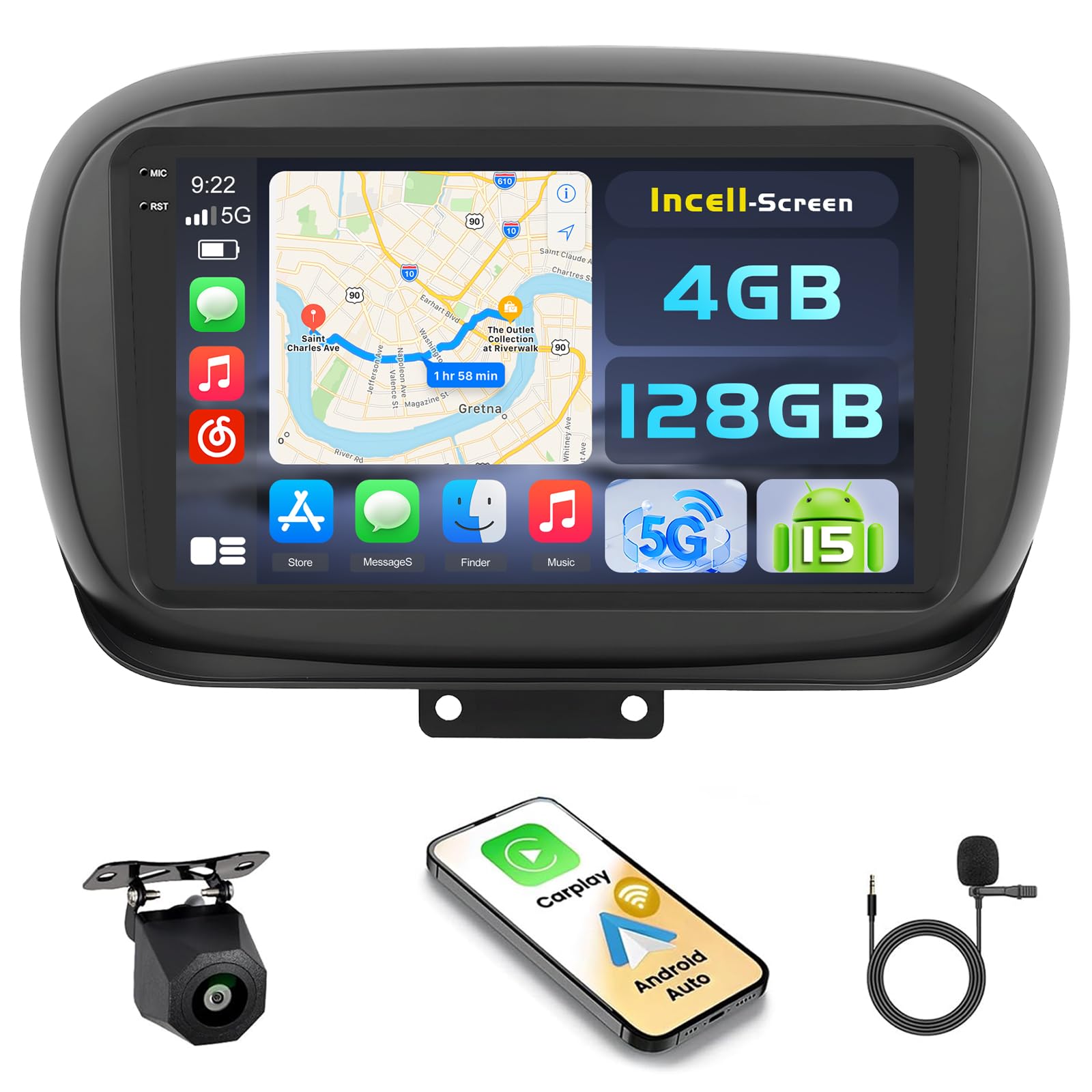 Before and after installation comparison of the car radio in a Fiat 500X dashboard. The 'Before' image shows the original car radio, and the 'After' image shows the new Hikity 9-inch Android car radio installed, displaying a navigation map.