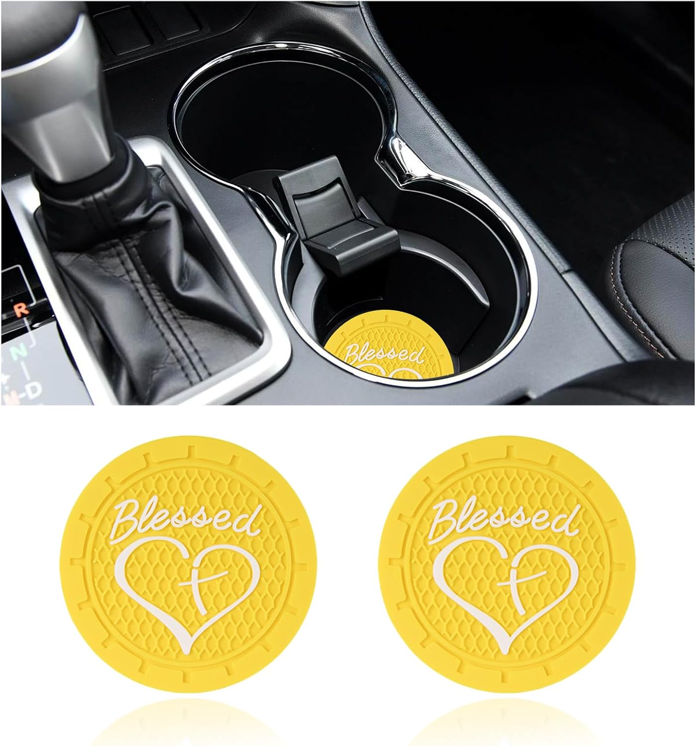 Dickno 2PCS Car Cup Holder Coaster, 2.76 Inch Blessed Cross and Heart Christian Drink Mat, Soft PVC Non-Slip Shockproof Insert Cup Coaster for Women Girls, Interior Car Accessories (Yellow)