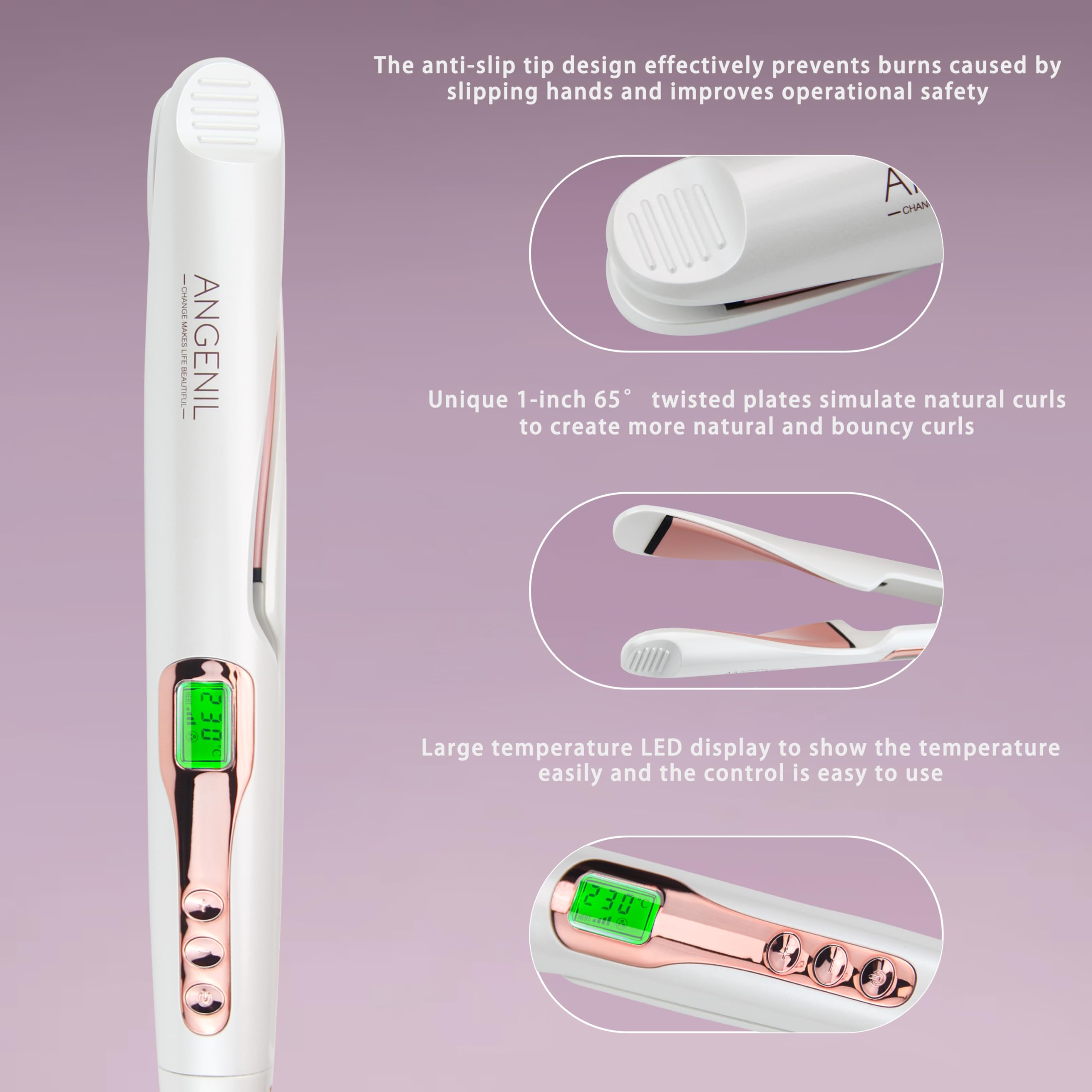 ANGENIL Pro Lisseur Twist pour femme, fer à lisser et boucler en céramique 2 en 1, double tension avec tapis en silicone résistant à la chaleur, écran LCD, température réglable de 130 à 230 °C