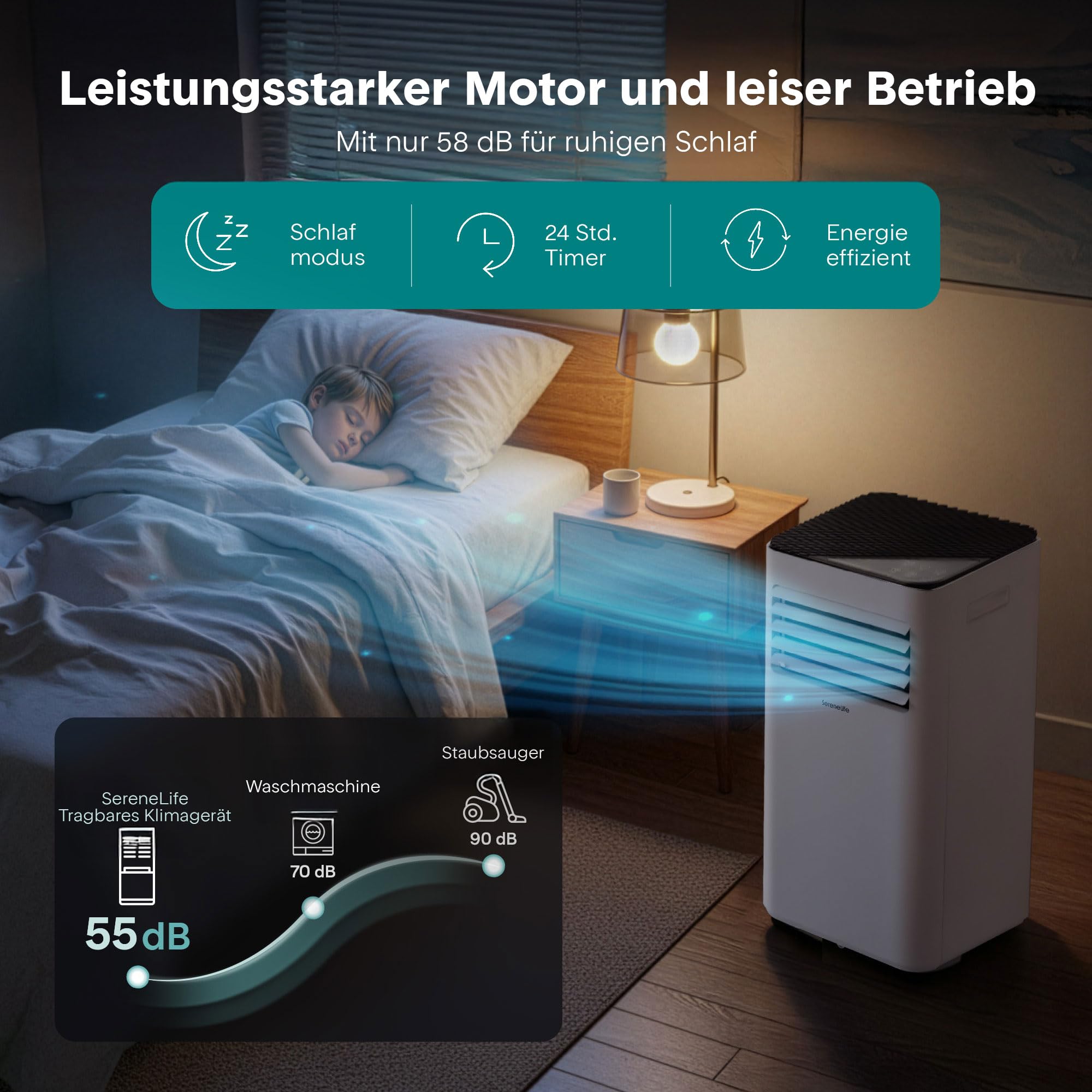 SereneLife Mobiles Klimagerät 9000 BTU 2,64 kW für 31 m² – Air Conditioner mit Abluftschlauch, 3-in-1 Entfeuchter & Ventilator, Leise 55 dB, Fensterkit, Fernbedienung, Für Zuhause, Büro