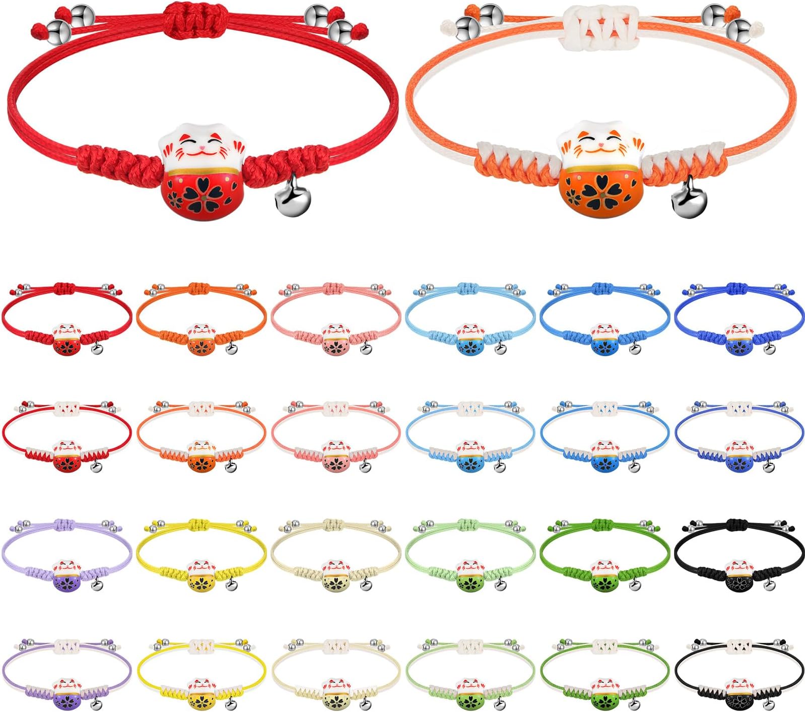 KigeliCute lucky Cat Maneki Neko Bracelet Adjustable Kawaii Bracelet Feng Shui Lucky Bracelet Fortune String Ceramic Beads Bracelet Lucky Charm Bracelets with Bell