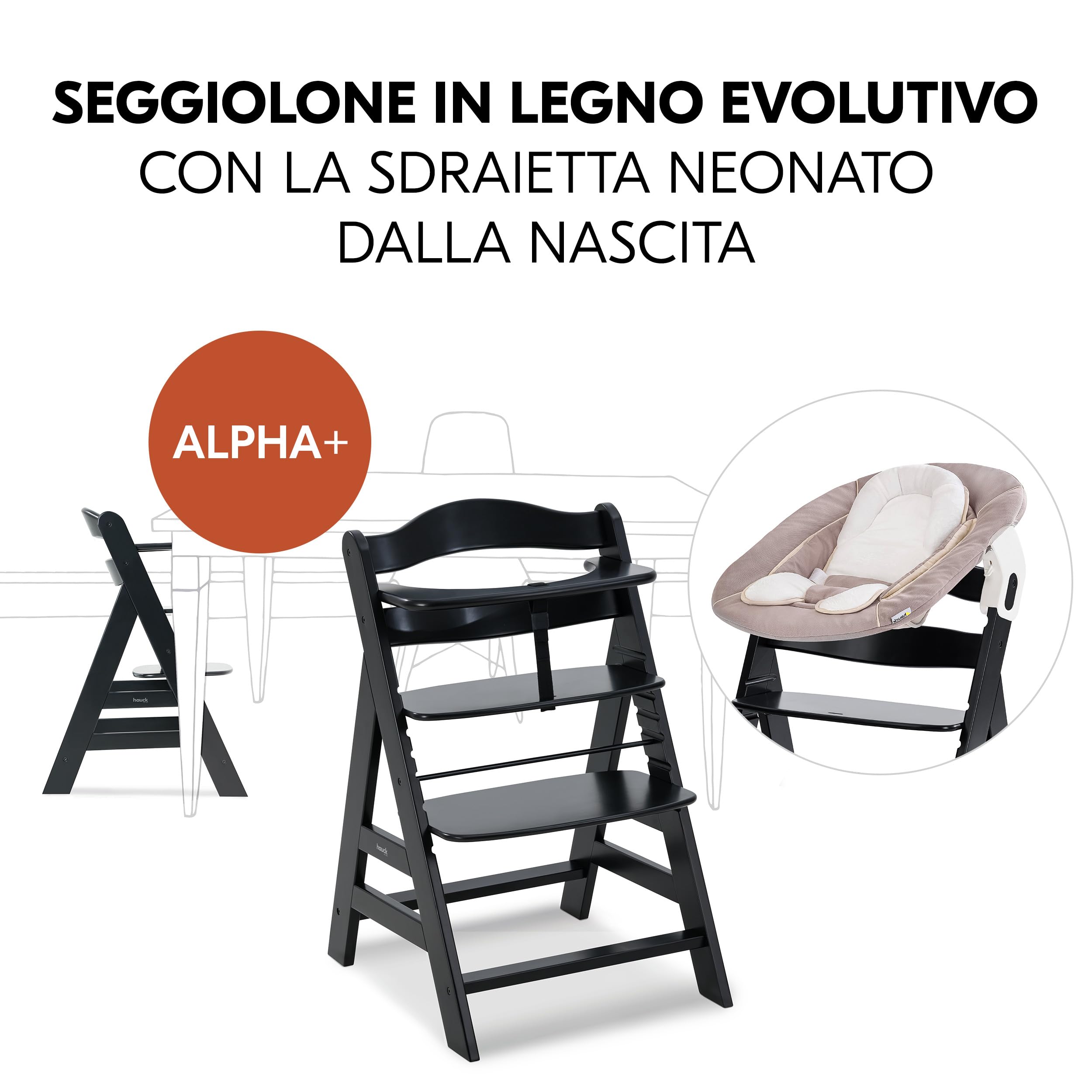 hauck Seggiolone Pappa Alpha Plus Set Newborn - Seggiolone Pappa Bimbi in Legno, Evolutivo con Sdraietta Neonato 2in1 e Cuscino - Nero
