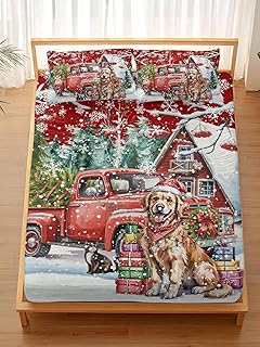 Fitted Sheets Elastic Deep Pocket Bed Sheet Queen, Christmas Tree Farm Truck Dog Soft Brushed Microfiber Bed Sheets Set, Snowy Red Farmhouse Mattress Cover Up Fitted Sheet Pillowcase for Bedroom