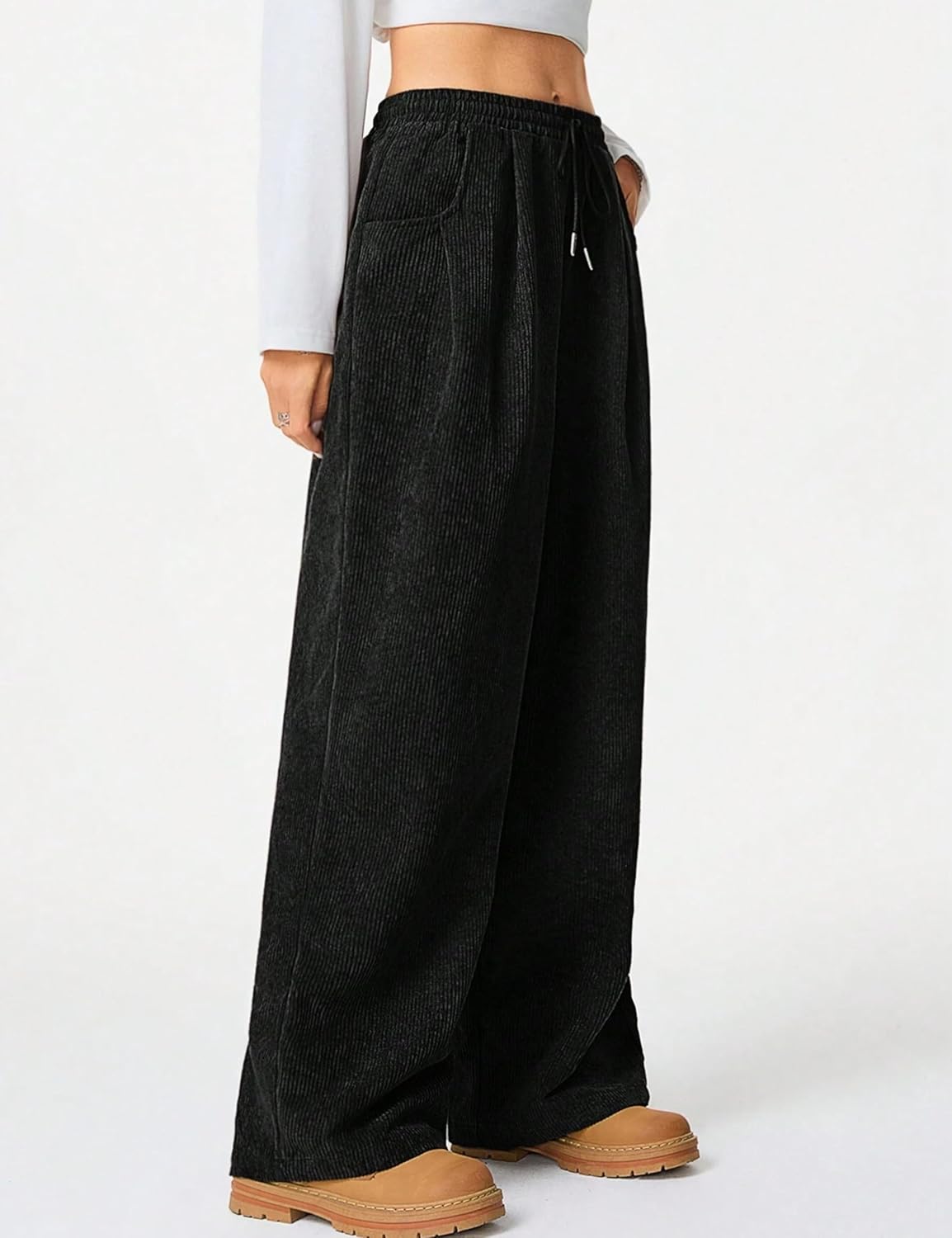 Unilexi Womens Wide-Leg Corduroy Pants with Drawstring Elastic Waist Casual Palazzo Pants Loose Fit - Image 5