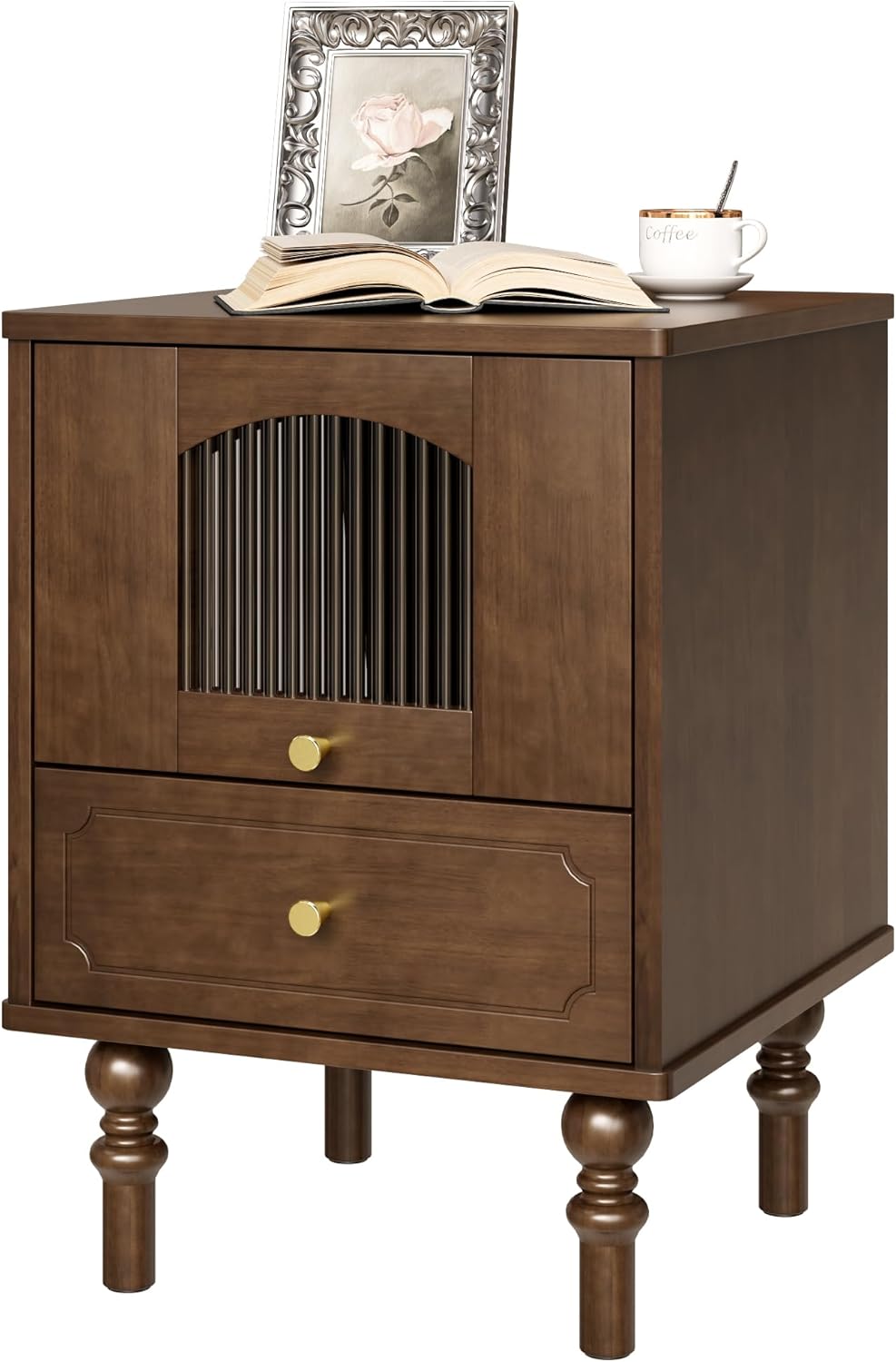 Solid Wood Nightstand, Modern Black Nightstand with 2 Drawers, Bedside Tables with Solid Wood Legs, Sofa Storage End Table for Bedroom