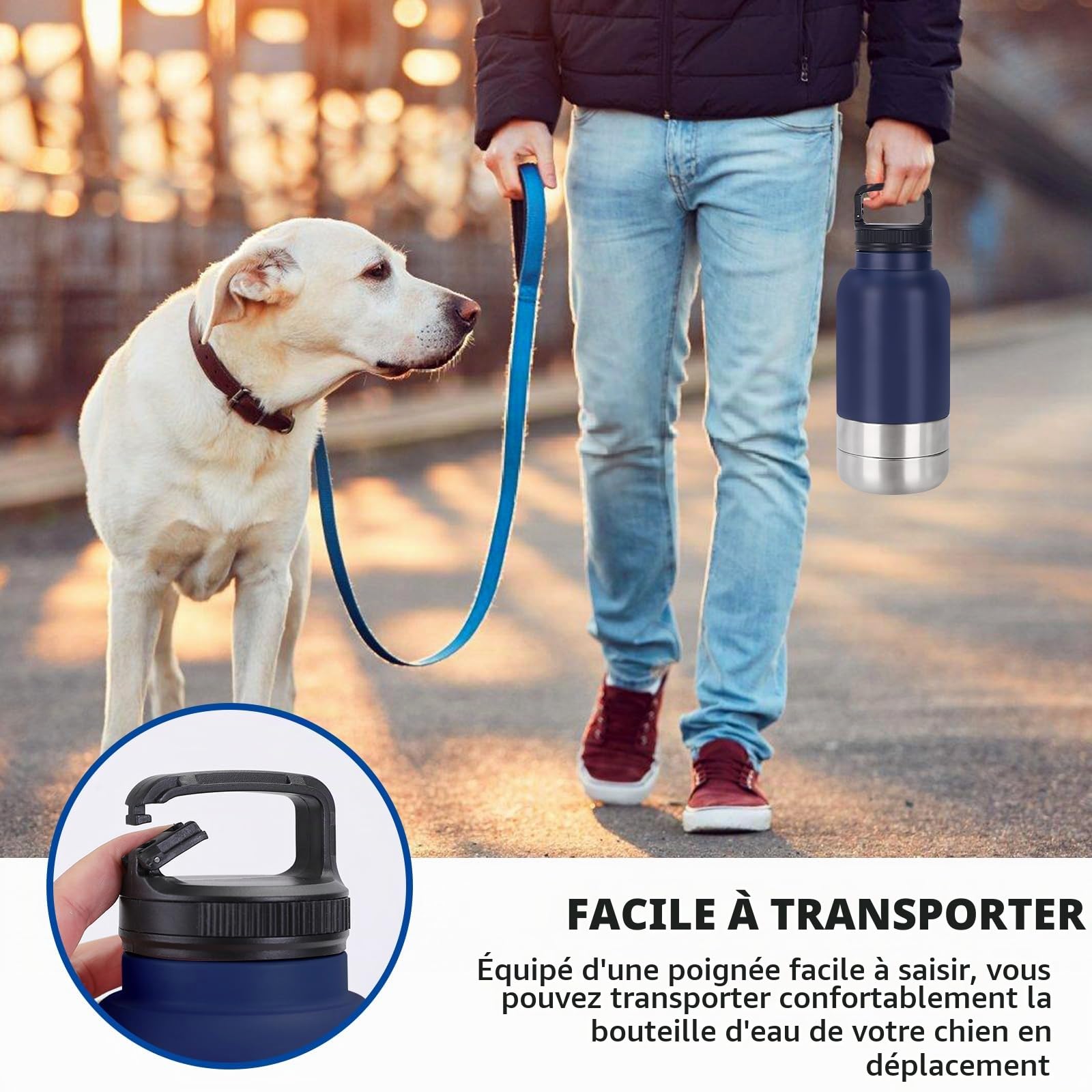 Gourde pour chien - Pour les déplacements - 1000 ml - Bouteille d'eau pour chien - En acier inoxydable - Avec gamelle d'eau et gamelle - Accessoire pour chien pour promenade - Sans BPA