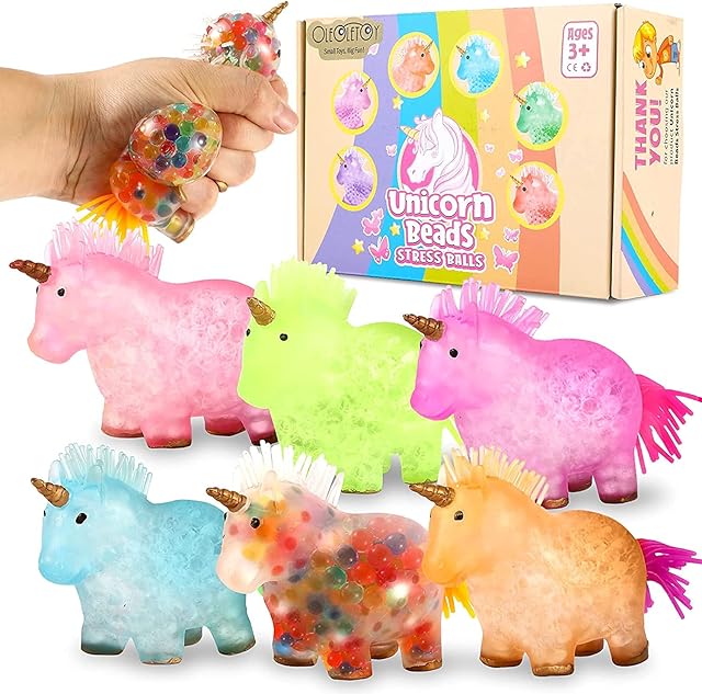 Unicorn Stress Balls for Kids, Adults, Sensory Toy Autism for Girls, 6 pack Unicorn Squishy Ball Stress Toy for Girls, Sensory Fidget Toy Water Bead Squeeze Ball, Calm Desk Toy for Office, School