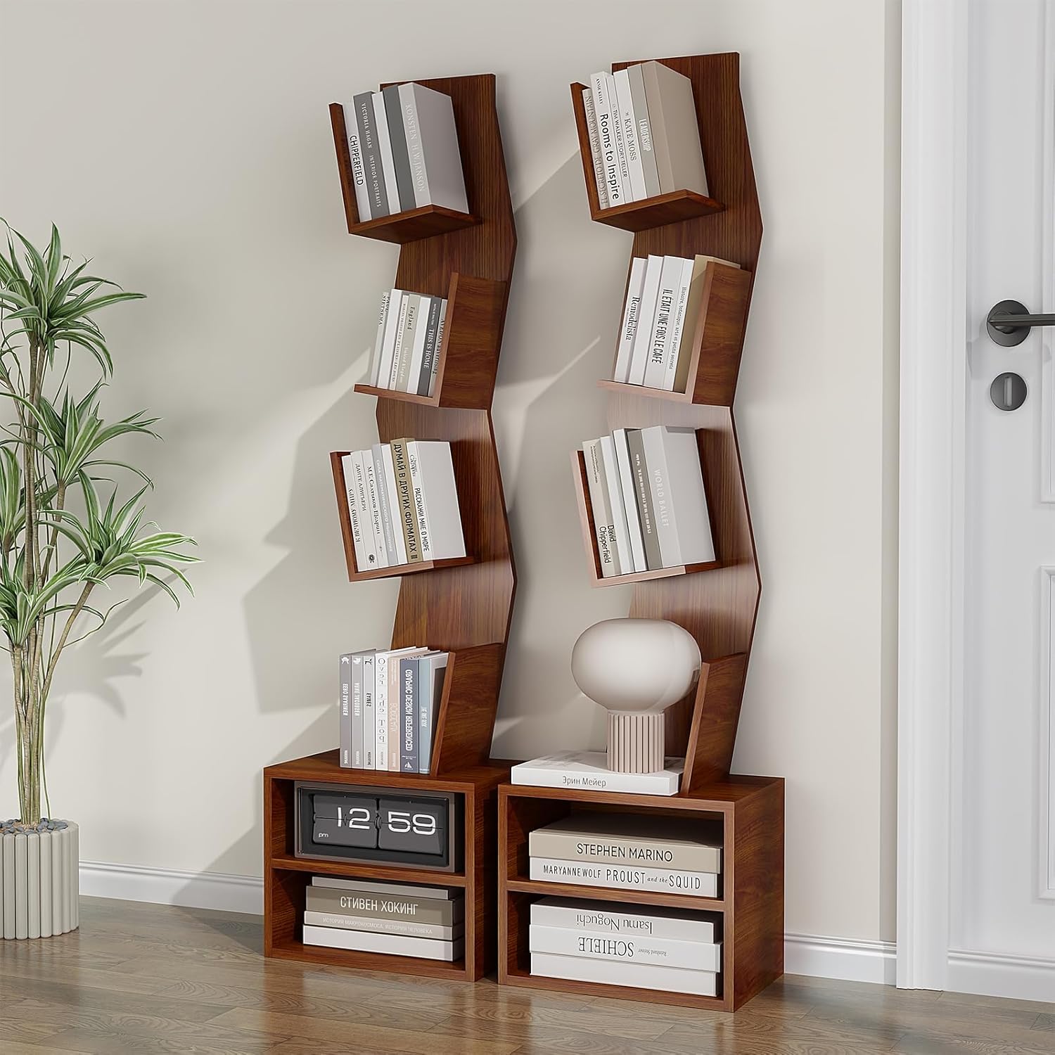 6 Tier Tree Bookshelf,Small Book Shelf with LED Lights,Corner Bookcase,Book Organizer Shelves,Floor Standing Book Shelves for Living Room,Home Office,Living Room,Vintage Rustic Brown